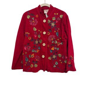 Coldwater Creek Embroidered Jacket Women Petite Small Red Floral Button Front